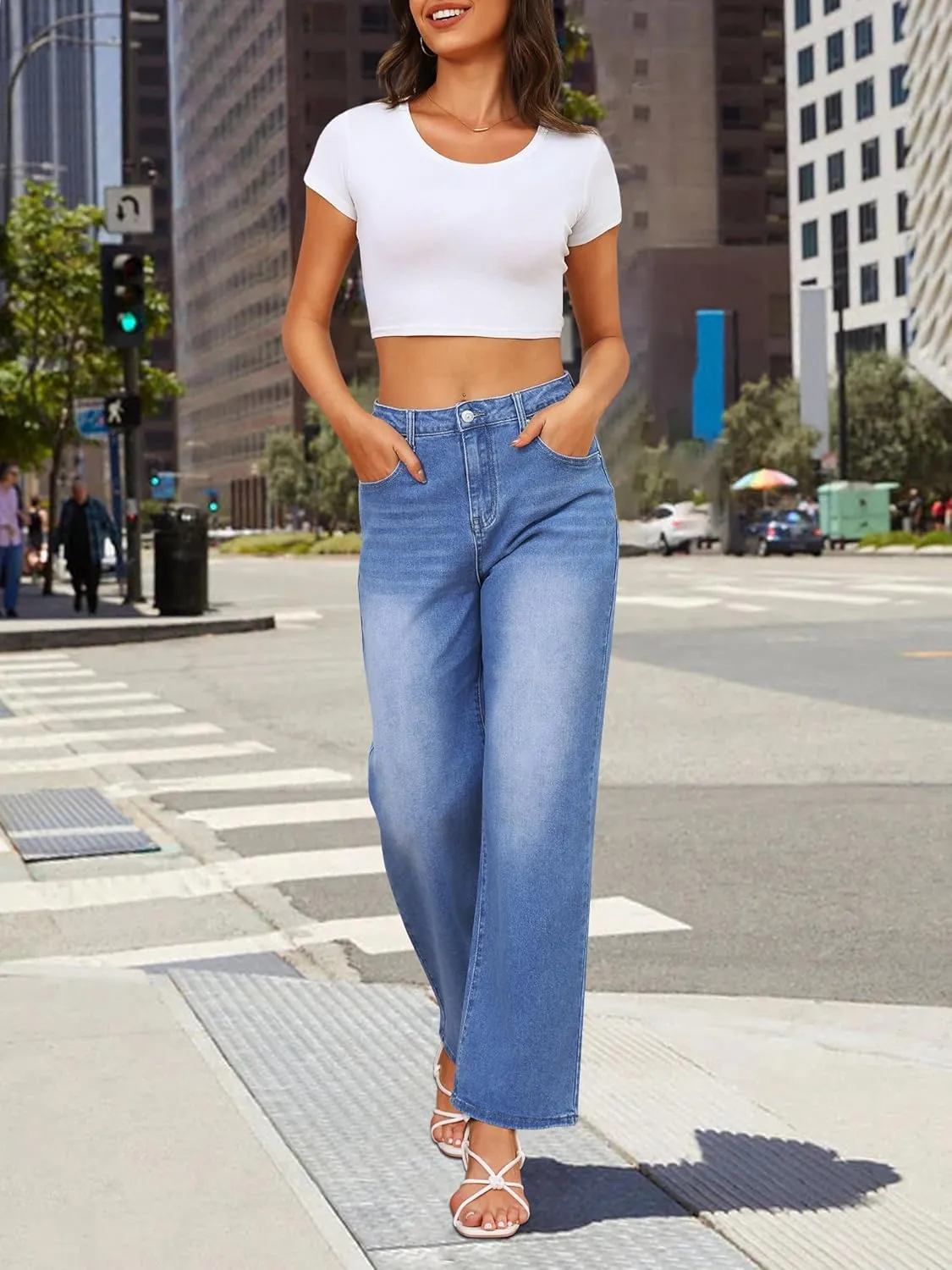 Genleck Women's Wide Leg Baggy Jeans  High Waisted Stretch Loose Jeans Trendy Denim Pants