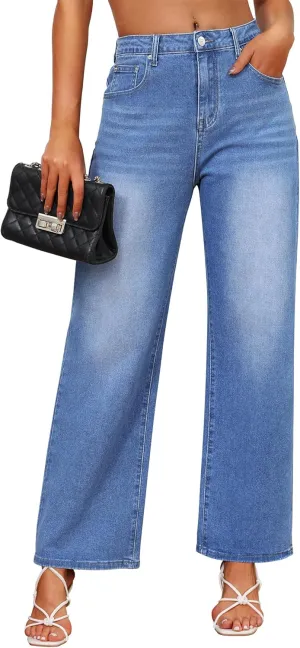 Genleck Women's Wide Leg Baggy Jeans  High Waisted Stretch Loose Jeans Trendy Denim Pants