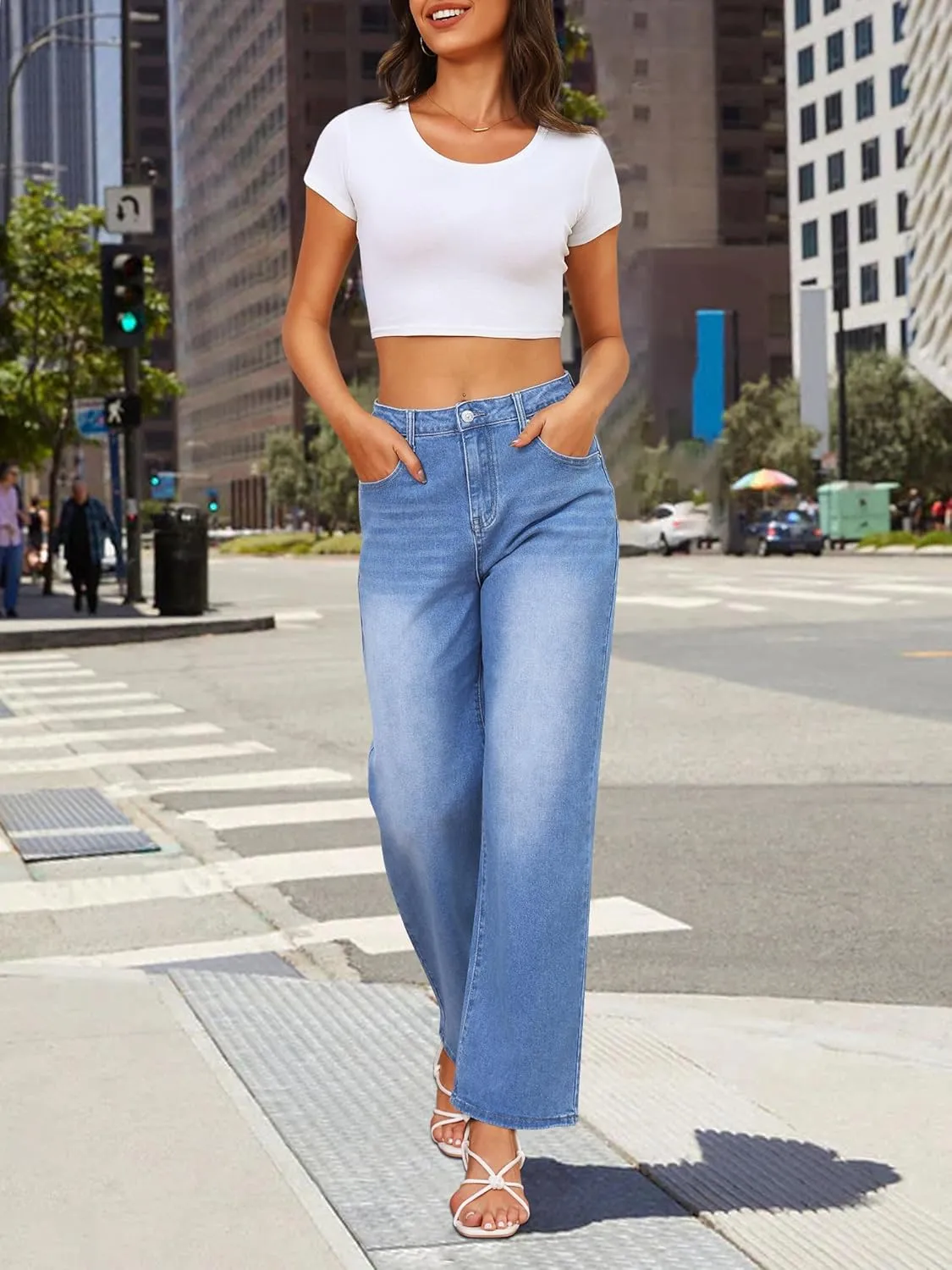 Genleck Women's Wide Leg Baggy Jeans  High Waisted Stretch Loose Jeans Trendy Denim Pants