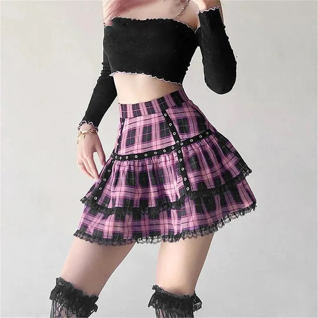 Gothic Lace Ruffle Mini Skirt Women's Plaid Pleated Skirt Japanese Style Short Skirt