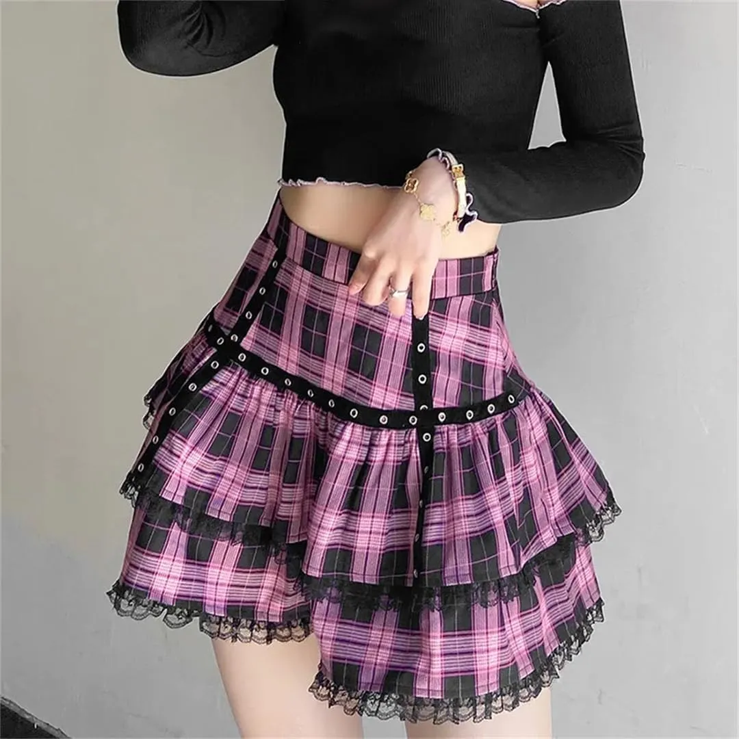 Gothic Lace Ruffle Mini Skirt Women's Plaid Pleated Skirt Japanese Style Short Skirt