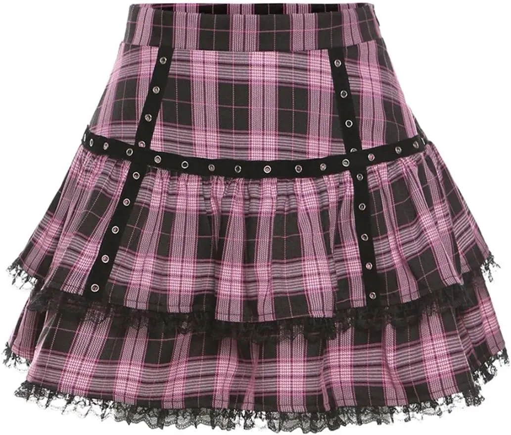 Gothic Lace Ruffle Mini Skirt Women's Plaid Pleated Skirt Japanese Style Short Skirt