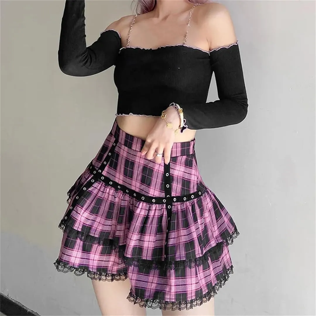 Gothic Lace Ruffle Mini Skirt Women's Plaid Pleated Skirt Japanese Style Short Skirt