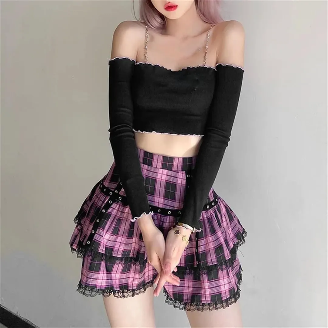 Gothic Lace Ruffle Mini Skirt Women's Plaid Pleated Skirt Japanese Style Short Skirt