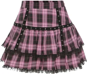 Gothic Lace Ruffle Mini Skirt Women's Plaid Pleated Skirt Japanese Style Short Skirt