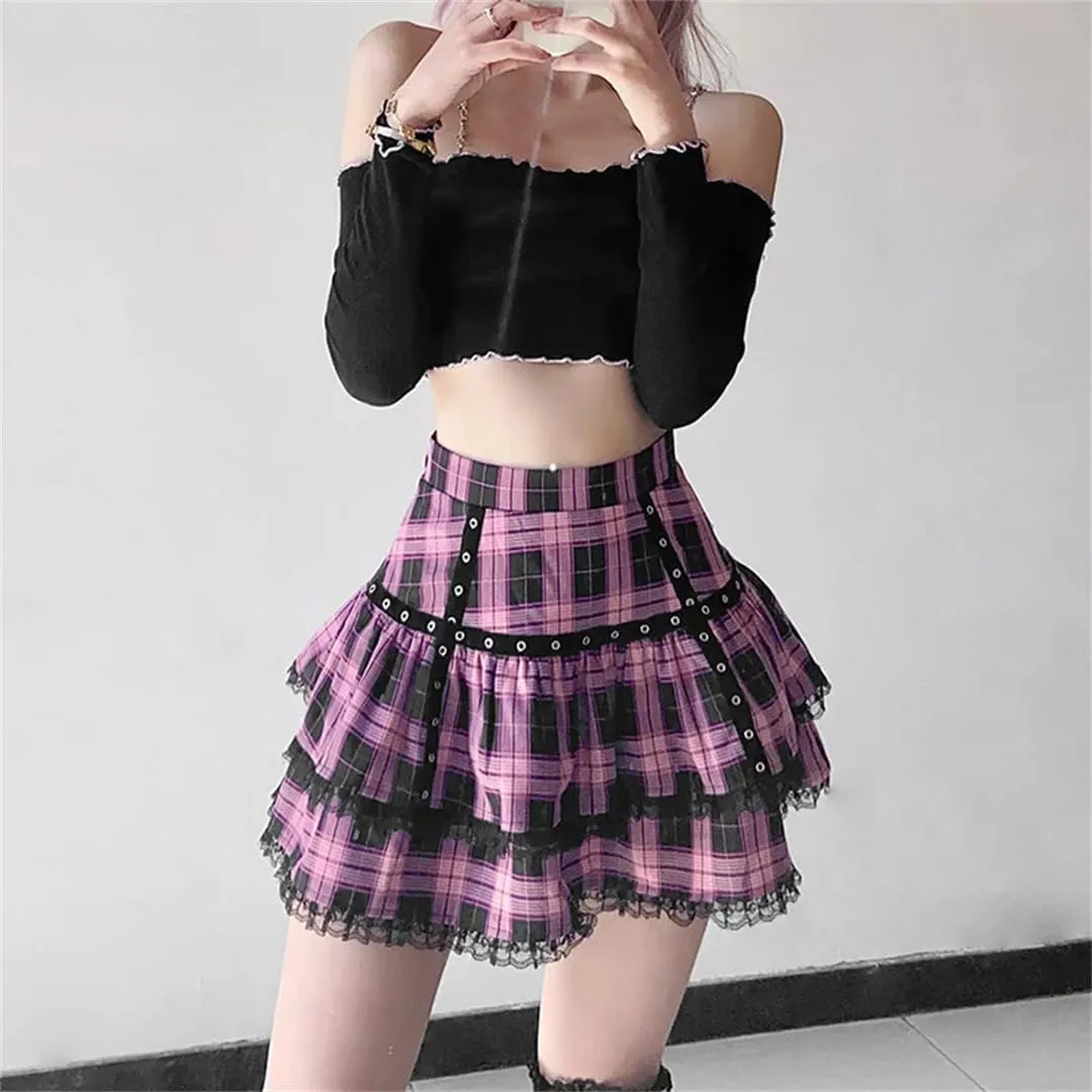 Gothic Lace Ruffle Mini Skirt Women's Plaid Pleated Skirt Japanese Style Short Skirt