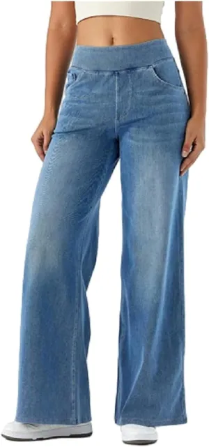 Grevela Pull Up Jeans, Grevela Stretch Jeans, High Waisted Stretchy Pull On Wide Leg Denim Pants with Pocket