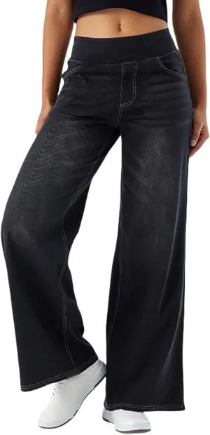 Grevela Pull up Jeans, High Waisted Multiple Pockets Wide Leg Washed Stretchy Knit Casual Jeans