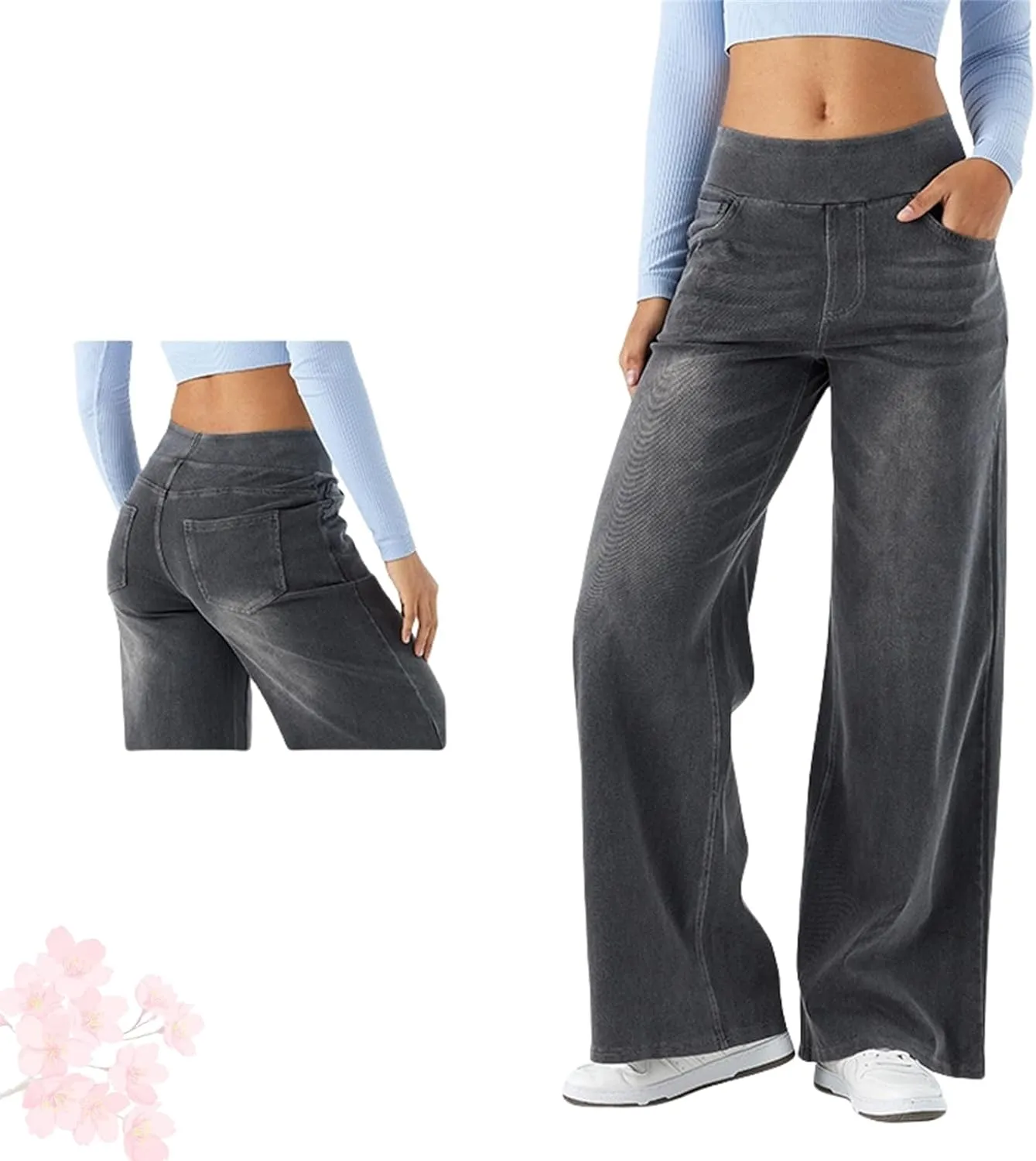 Grevela Pull Up Jeans, Tummy Control Straight High Waisted Multiple Pockets Wide Leg Pants, Grevela Stretch Jeans
