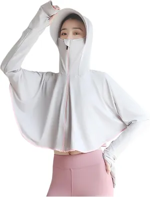 HGps8w Womens UPF 50  Sun Protection Cape Hoodie Jacket Lightweight Outdoor Cropped Sun Shirts with Face Mask & Thumb Holes