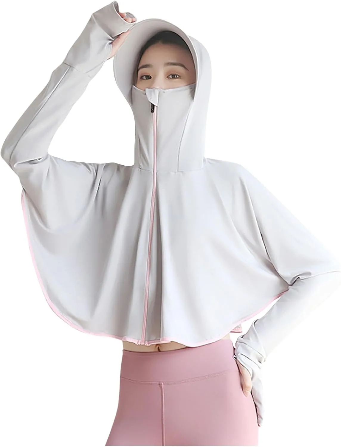 HGps8w Womens UPF 50  Sun Protection Cape Hoodie Jacket Lightweight Outdoor Cropped Sun Shirts with Face Mask & Thumb Holes