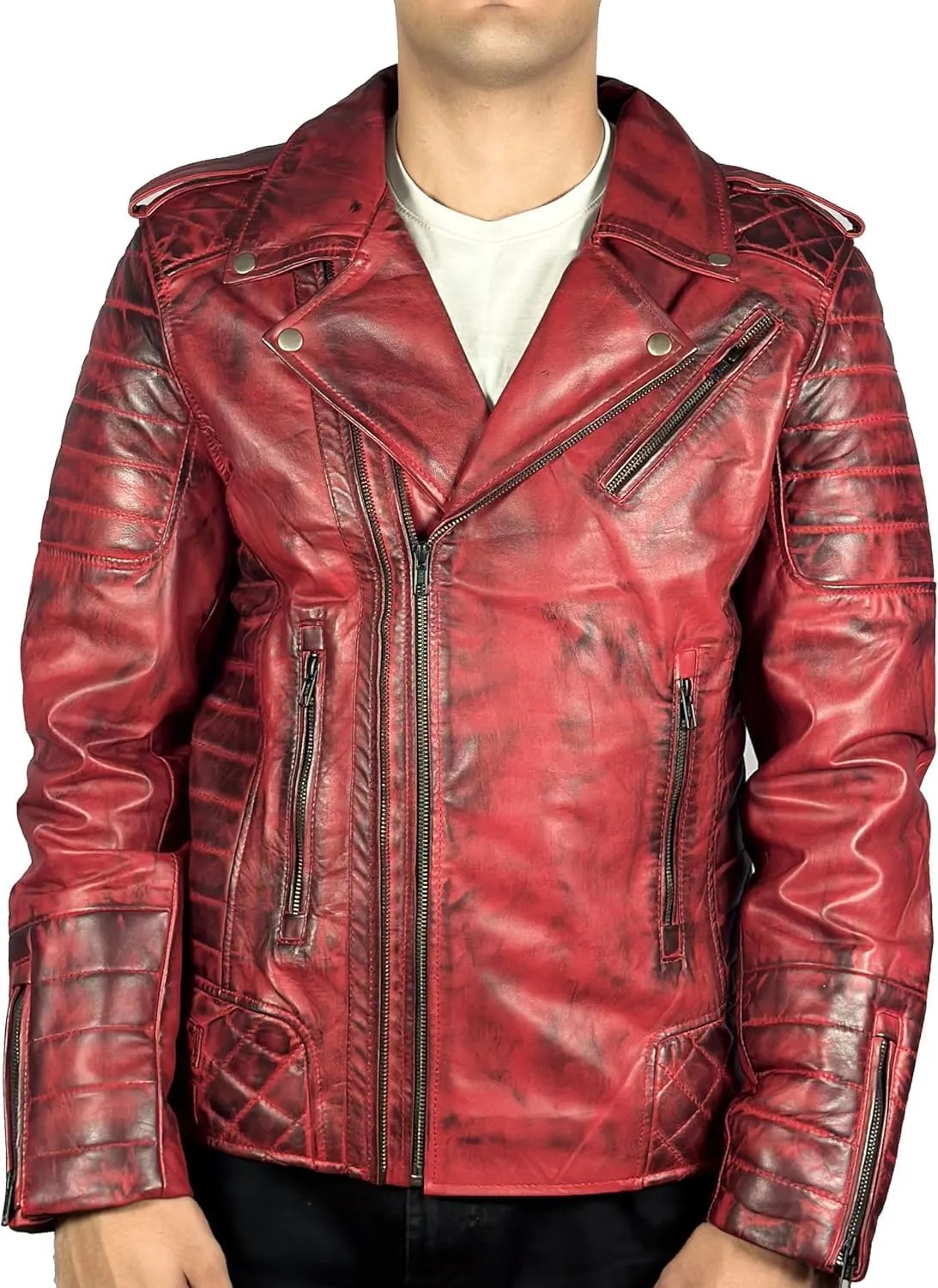 HIDE & SEEK Men’s Quilted Brando Asymmetrical Lightweight Biker Classic Leather Motorcycle Jacket