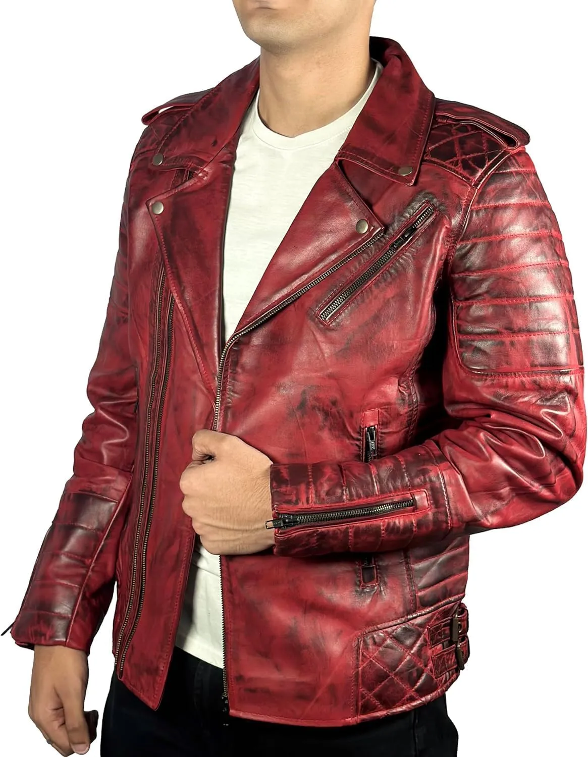 HIDE & SEEK Men’s Quilted Brando Asymmetrical Lightweight Biker Classic Leather Motorcycle Jacket