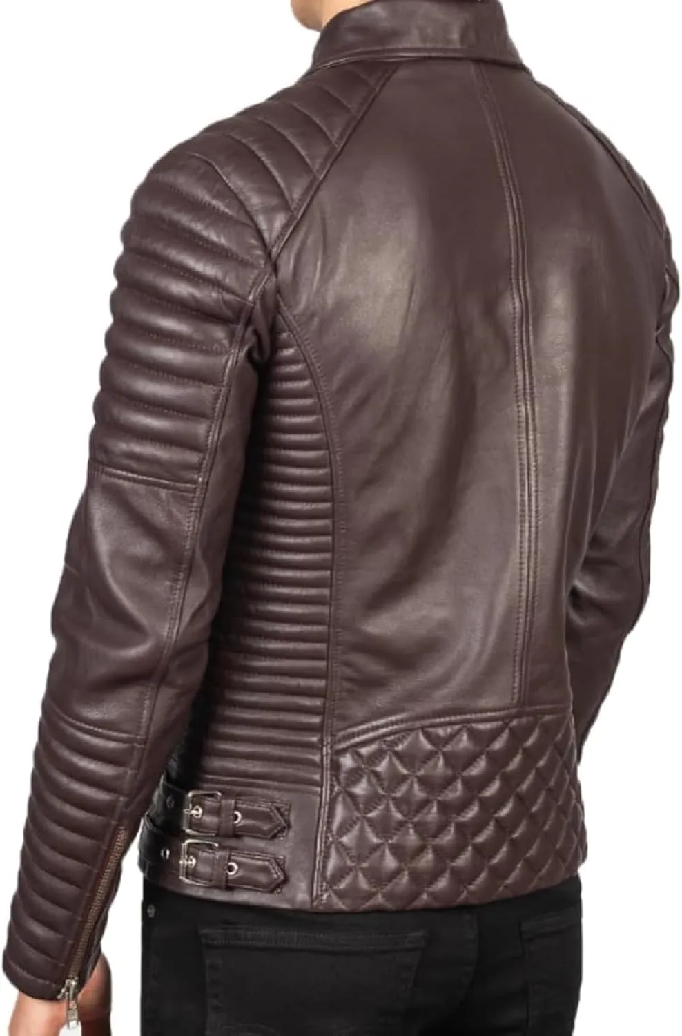 HIDE & SEEK Men’s Quilted Brando Asymmetrical Lightweight Biker Classic Leather Motorcycle Jacket