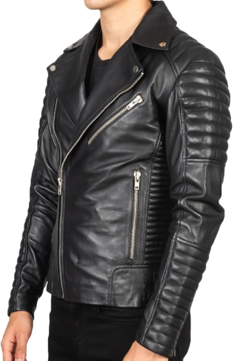 HIDE & SEEK Men’s Quilted Brando Asymmetrical Lightweight Biker Classic Leather Motorcycle Jacket