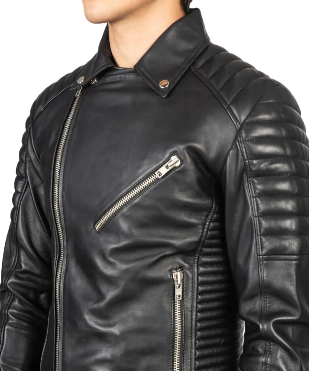 HIDE & SEEK Men’s Quilted Brando Asymmetrical Lightweight Biker Classic Leather Motorcycle Jacket