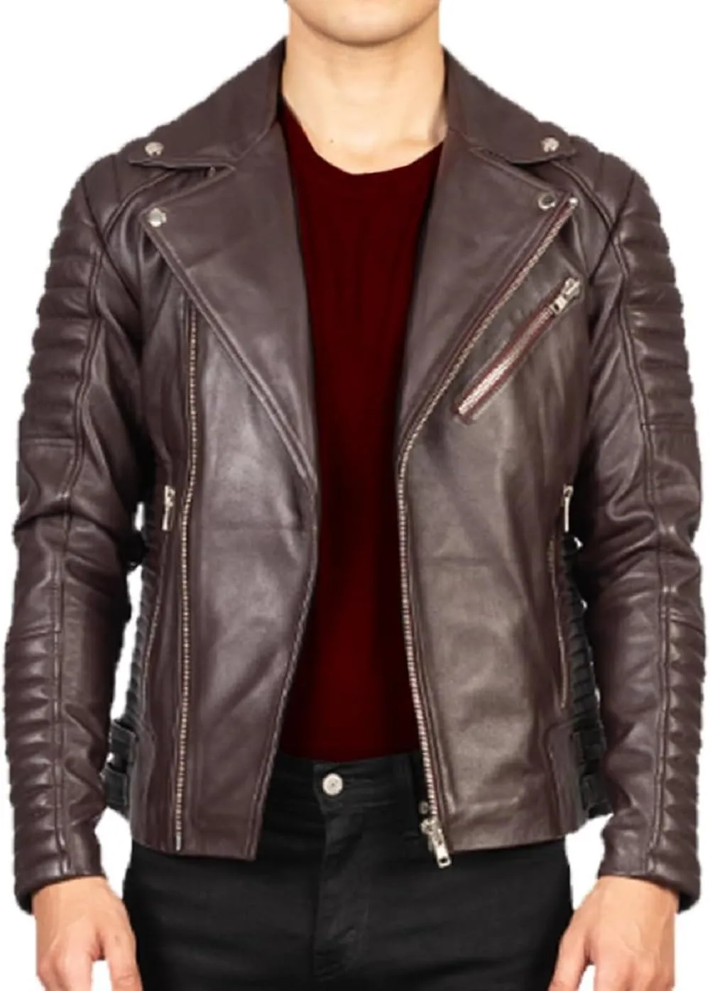 HIDE & SEEK Men’s Quilted Brando Asymmetrical Lightweight Biker Classic Leather Motorcycle Jacket