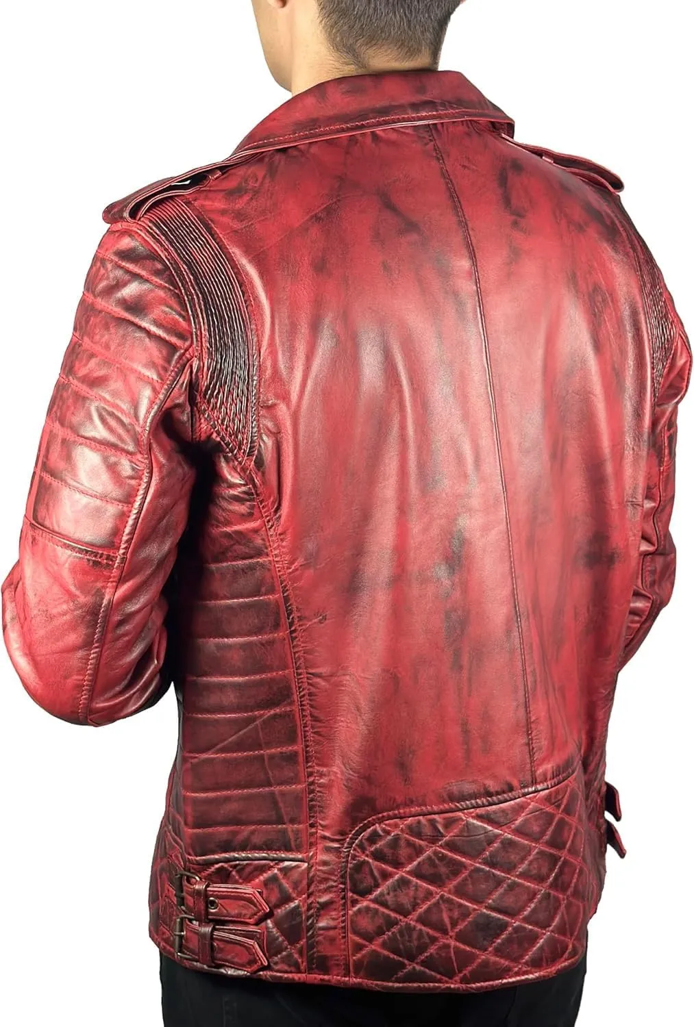 HIDE & SEEK Men’s Quilted Brando Asymmetrical Lightweight Biker Classic Leather Motorcycle Jacket