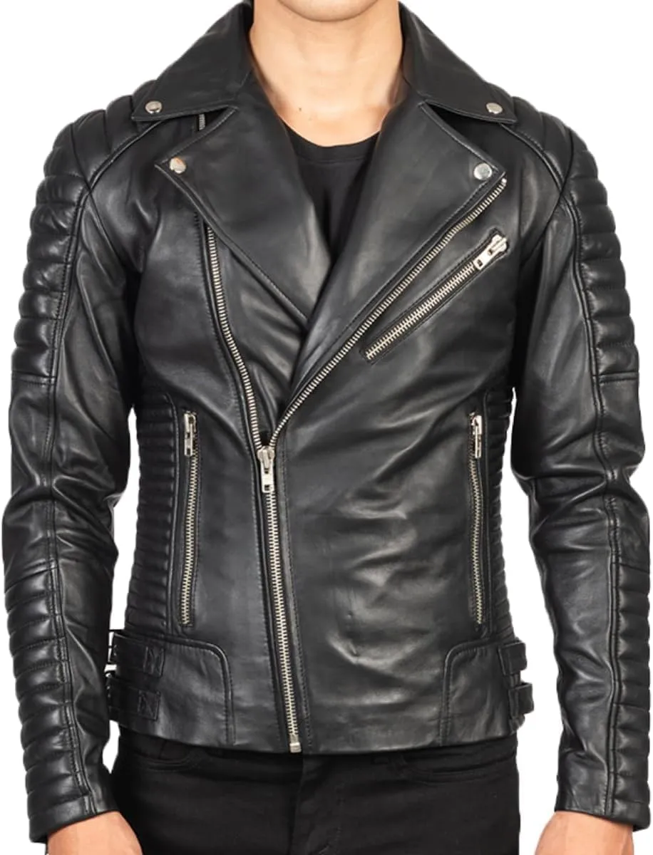 HIDE & SEEK Men’s Quilted Brando Asymmetrical Lightweight Biker Classic Leather Motorcycle Jacket