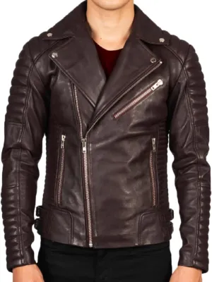 HIDE & SEEK Men’s Quilted Brando Asymmetrical Lightweight Biker Classic Leather Motorcycle Jacket