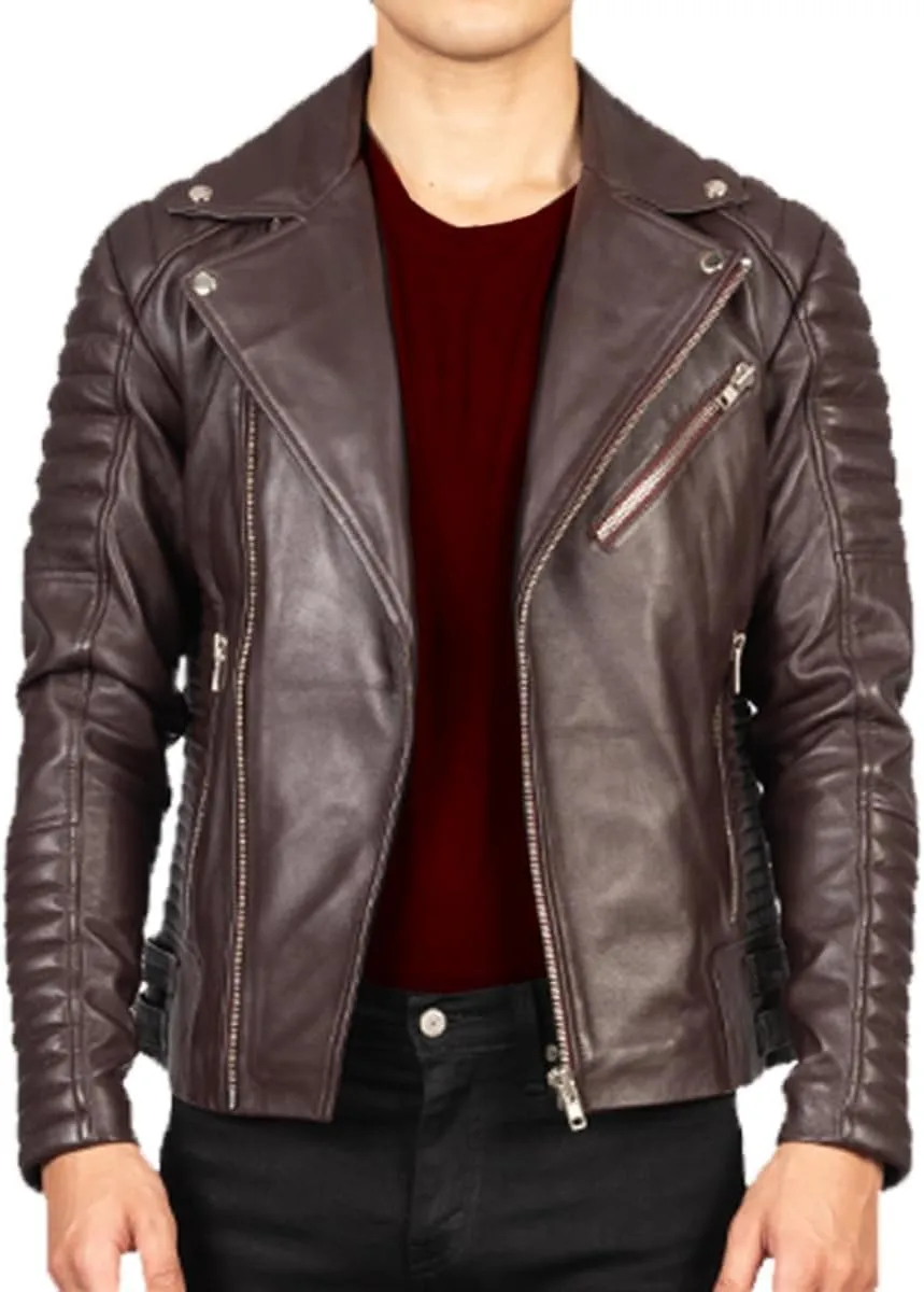 HIDE & SEEK Men’s Quilted Brando Asymmetrical Lightweight Biker Classic Leather Motorcycle Jacket