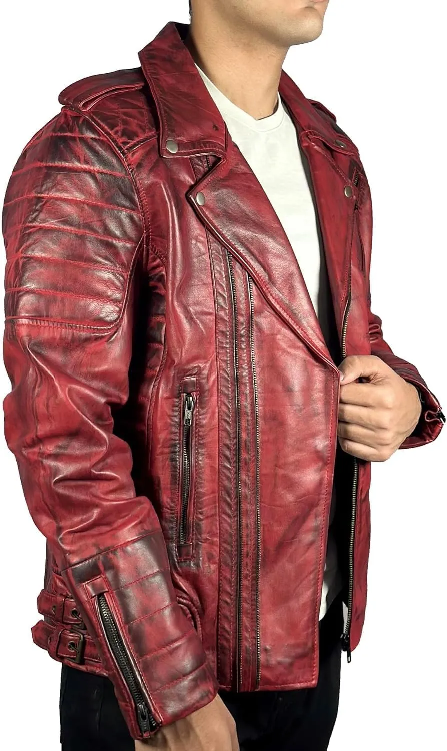HIDE & SEEK Men’s Quilted Brando Asymmetrical Lightweight Biker Classic Leather Motorcycle Jacket