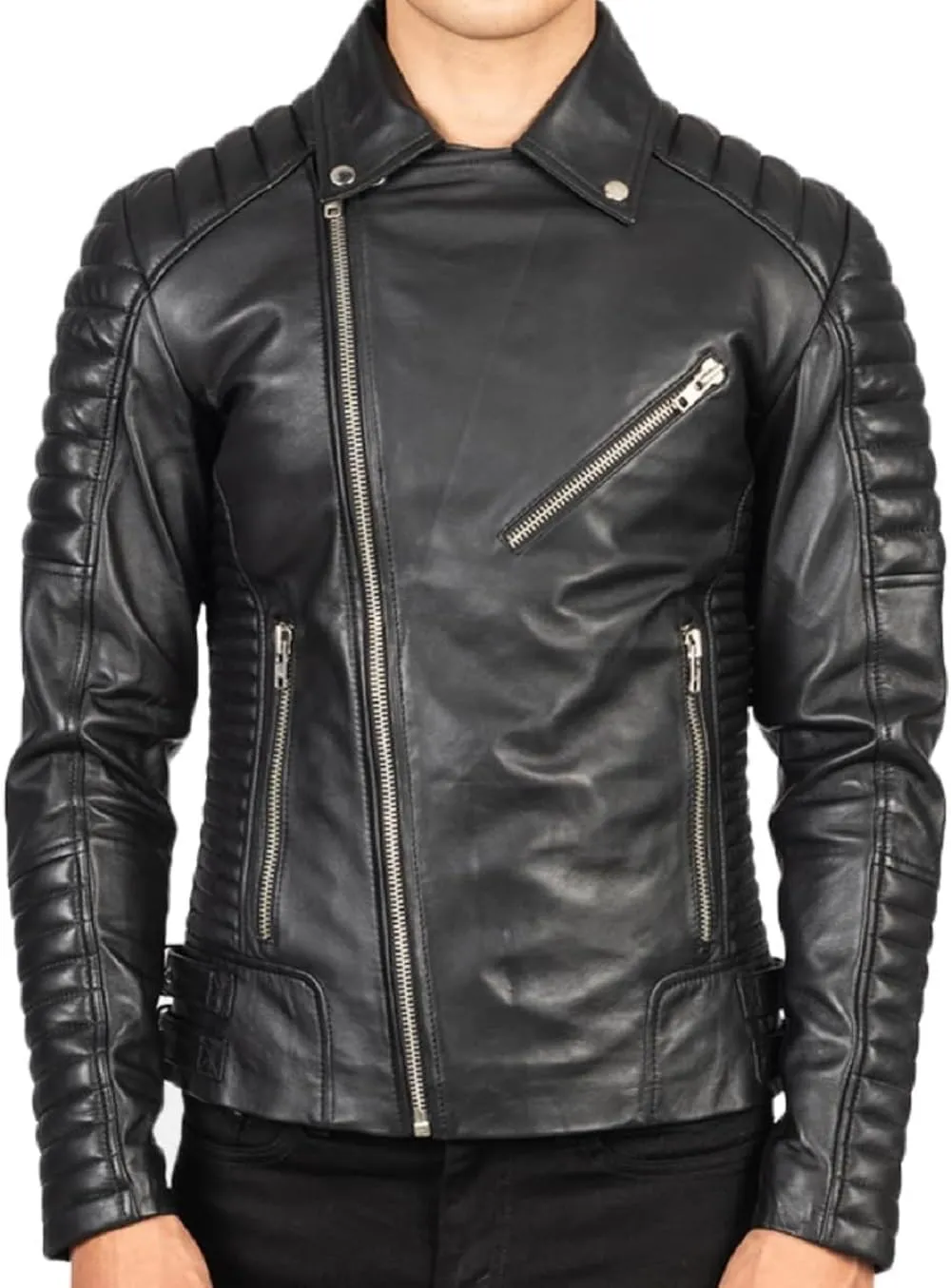 HIDE & SEEK Men’s Quilted Brando Asymmetrical Lightweight Biker Classic Leather Motorcycle Jacket