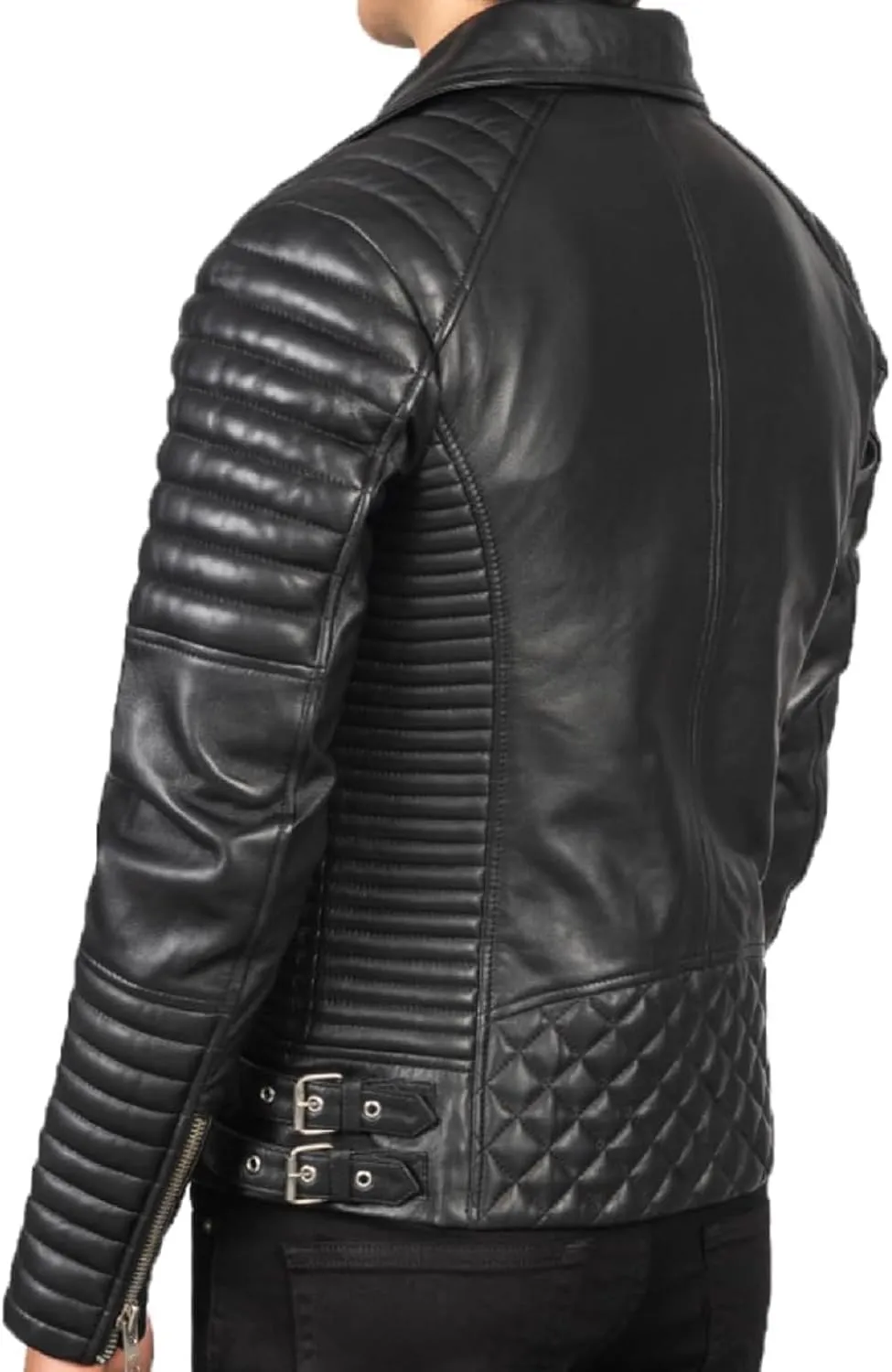 HIDE & SEEK Men’s Quilted Brando Asymmetrical Lightweight Biker Classic Leather Motorcycle Jacket