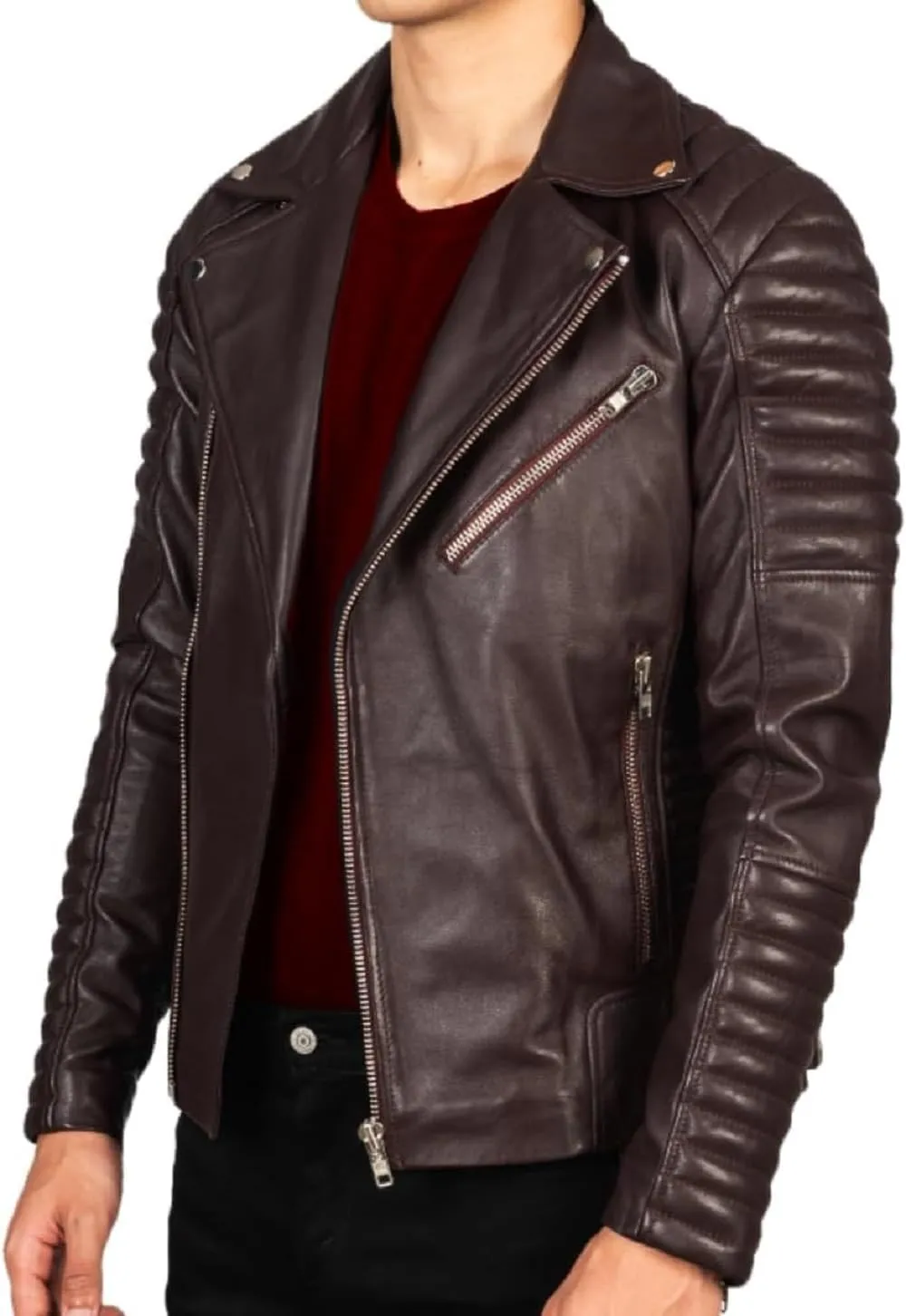 HIDE & SEEK Men’s Quilted Brando Asymmetrical Lightweight Biker Classic Leather Motorcycle Jacket