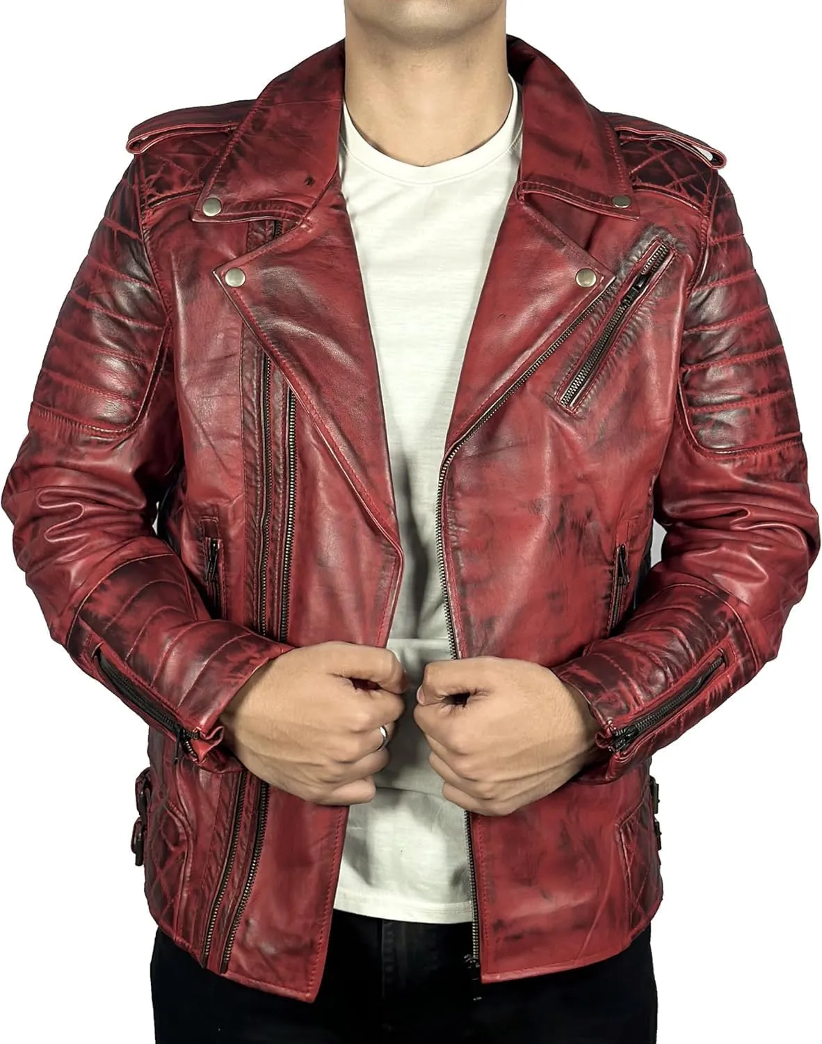 HIDE & SEEK Men’s Quilted Brando Asymmetrical Lightweight Biker Classic Leather Motorcycle Jacket