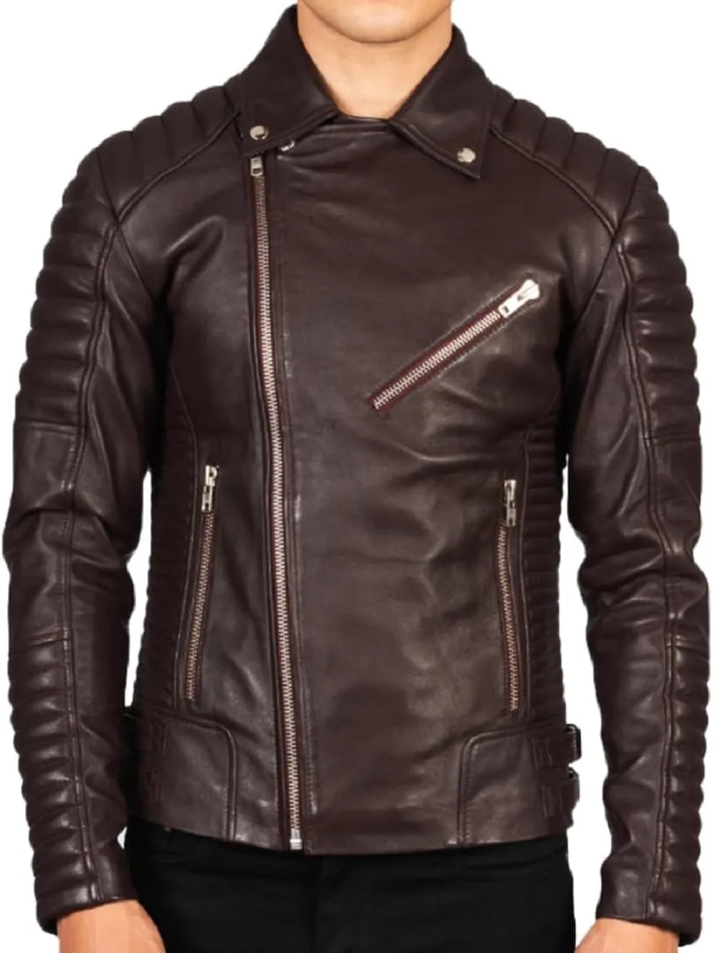HIDE & SEEK Men’s Quilted Brando Asymmetrical Lightweight Biker Classic Leather Motorcycle Jacket