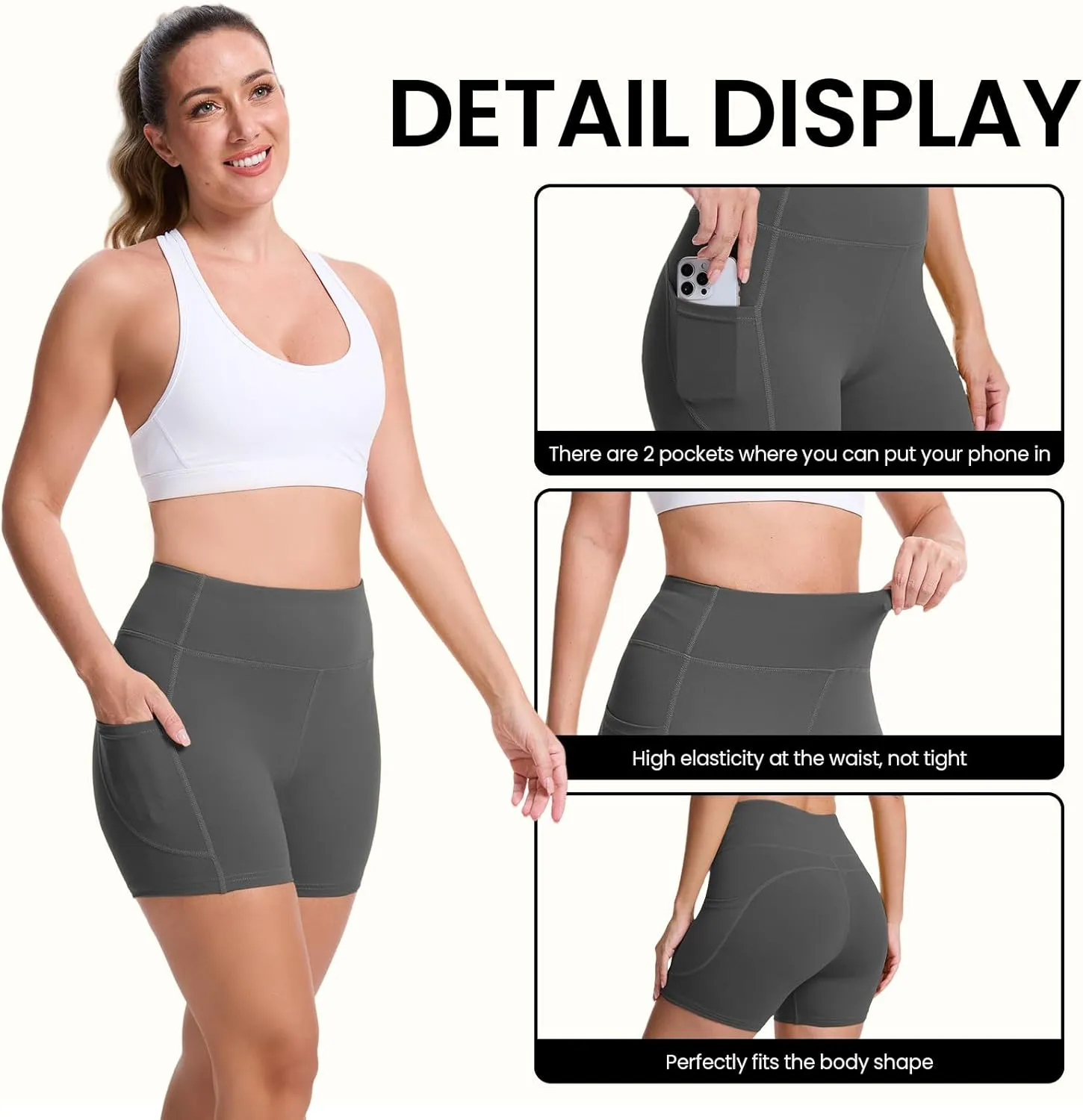 High Waisted Yoga Shorts for Women with Pockets - Buttery Soft Biker Shorts Tummy Control Workout Running Cycling