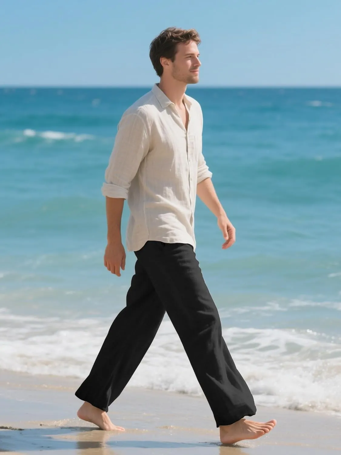 HOTake Men's Linen Pants Casual Beach Summer Vacation Linen Dress Pants Loose Fit