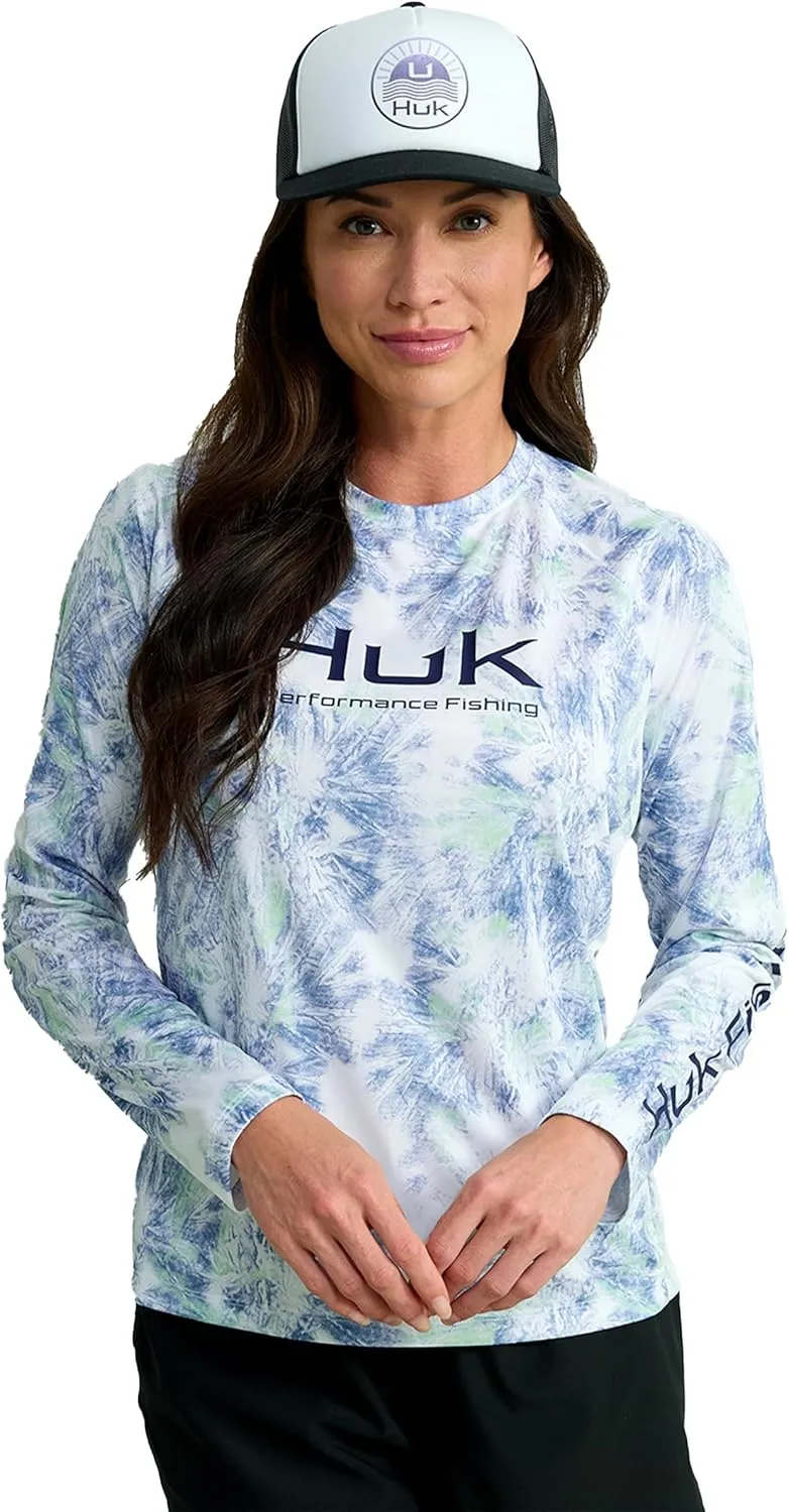 HUK Women's Pursuit Patterned Crew Sleeve, Performance Shirt