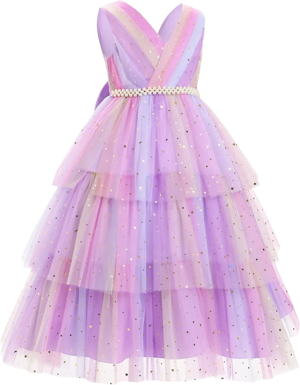 IBTOM CASTLE Flower Girl Dress Kids Birthday Dress Ruffle Pearls Tiered Tulle Party Dress Wedding Gown Prom