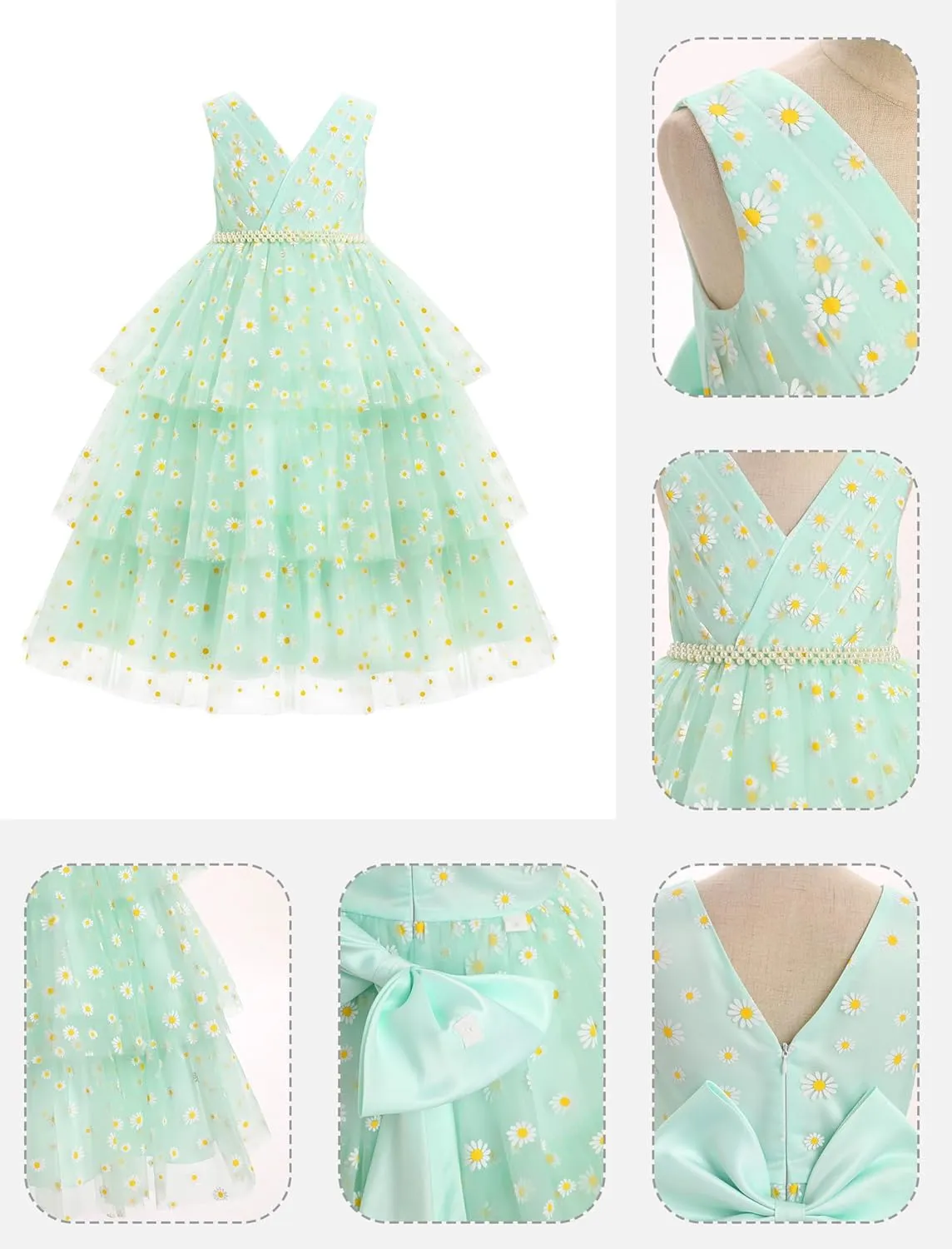 IBTOM CASTLE Flower Girl Dress Kids Birthday Dress Ruffle Pearls Tiered Tulle Party Dress Wedding Gown Prom
