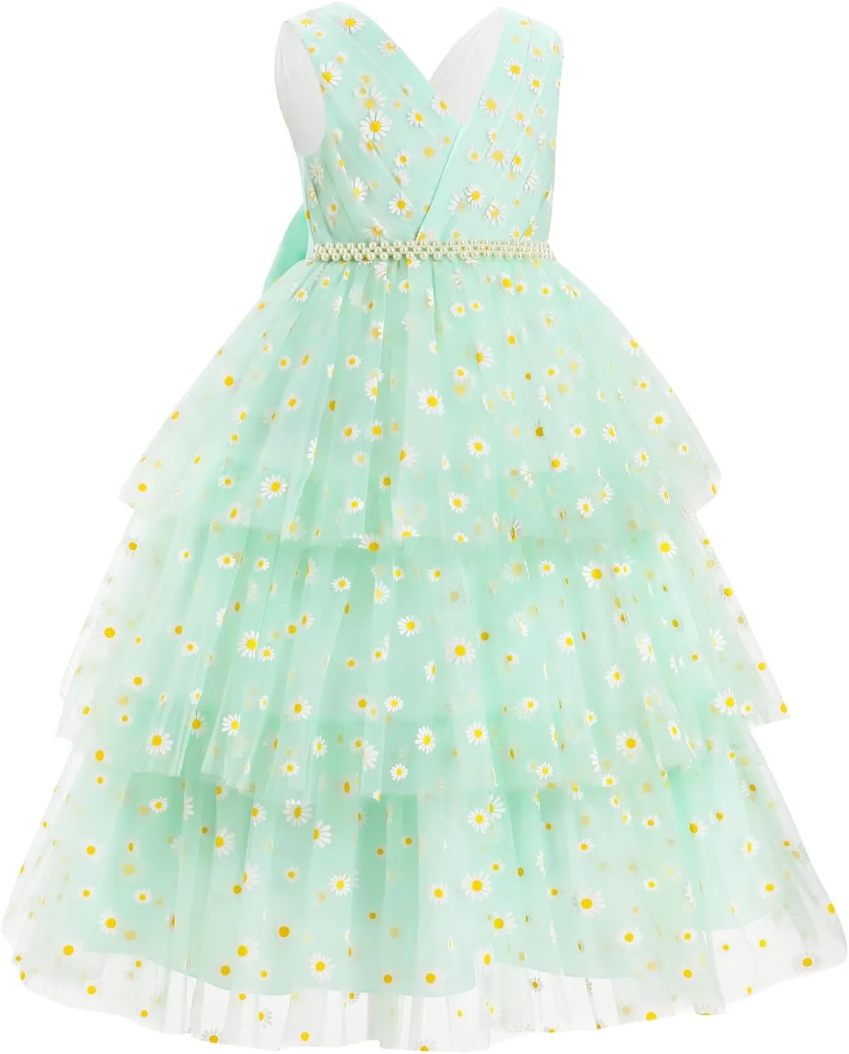 IBTOM CASTLE Flower Girl Dress Kids Birthday Dress Ruffle Pearls Tiered Tulle Party Dress Wedding Gown Prom