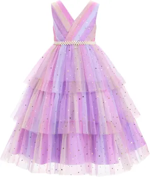 IBTOM CASTLE Flower Girl Dress Kids Birthday Dress Ruffle Pearls Tiered Tulle Party Dress Wedding Gown Prom