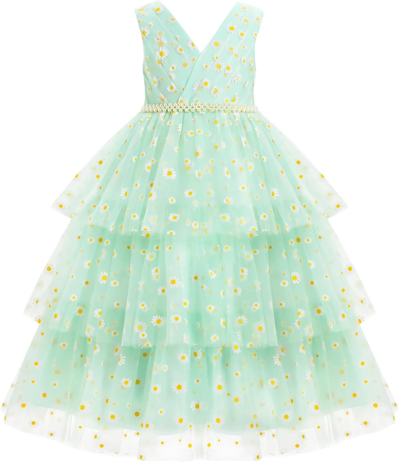 IBTOM CASTLE Flower Girl Dress Kids Birthday Dress Ruffle Pearls Tiered Tulle Party Dress Wedding Gown Prom