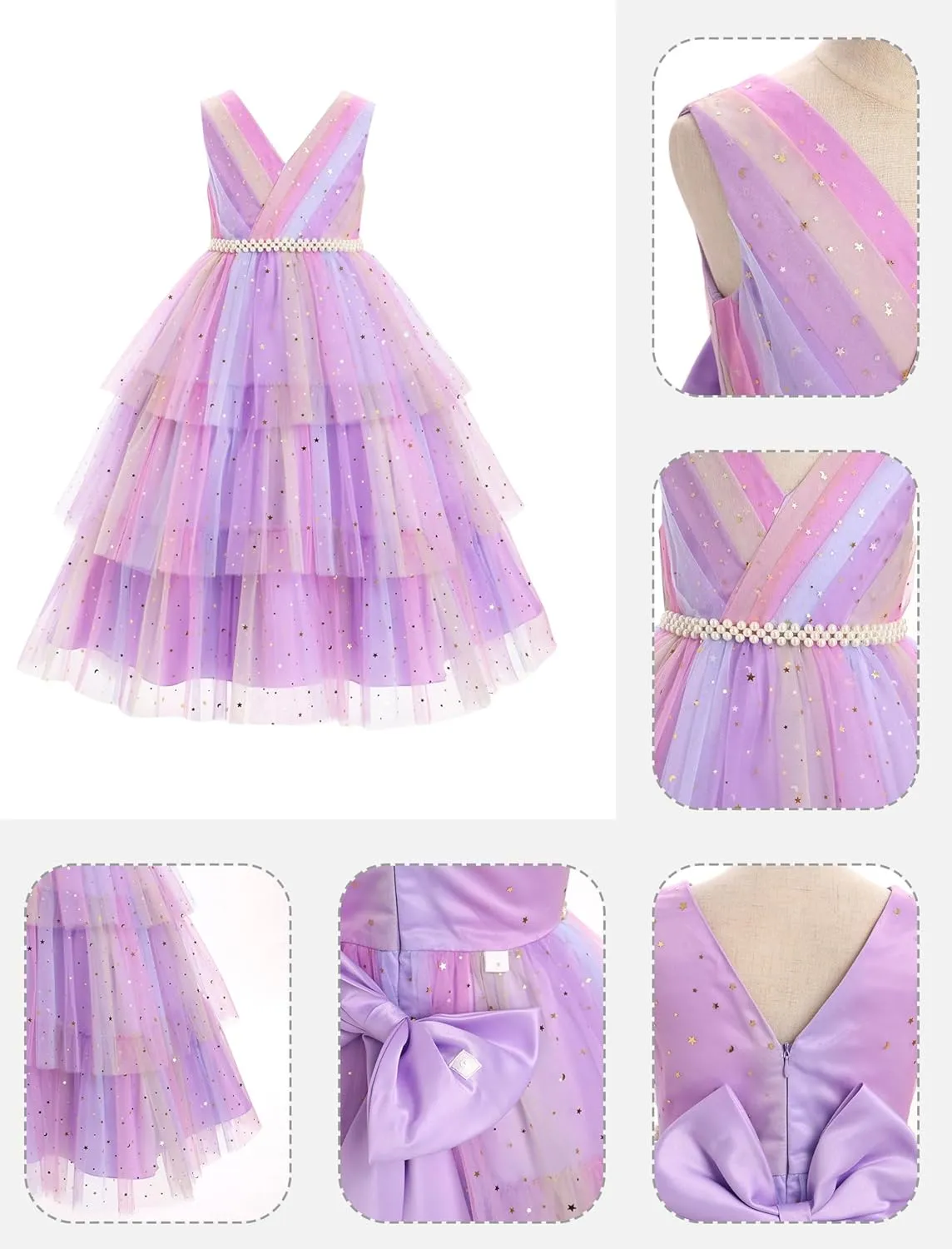 IBTOM CASTLE Flower Girl Dress Kids Birthday Dress Ruffle Pearls Tiered Tulle Party Dress Wedding Gown Prom