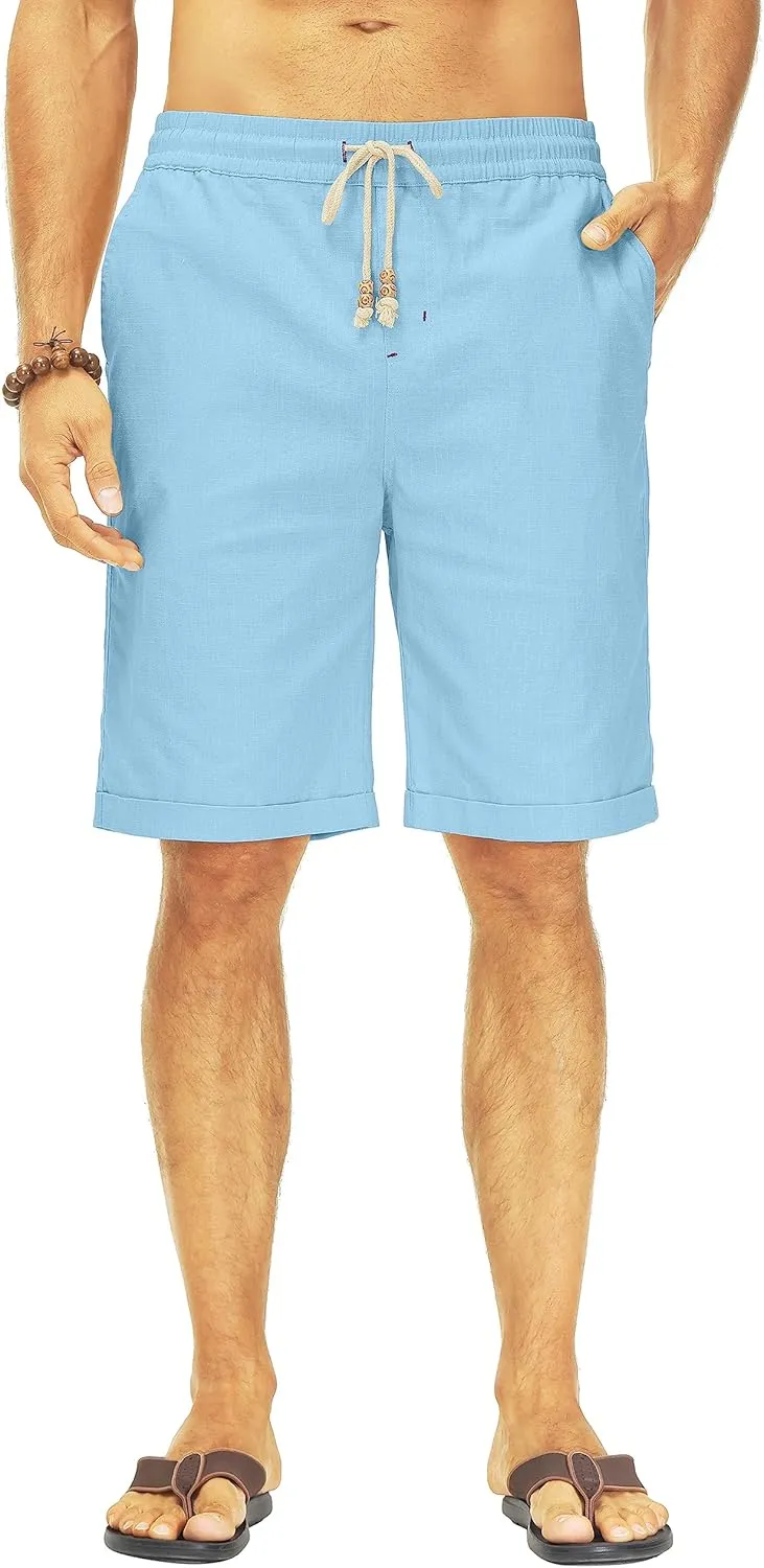 Janmid Men's Linen Shorts Casual Elastic Waist Drawstring Summer Beach Shorts