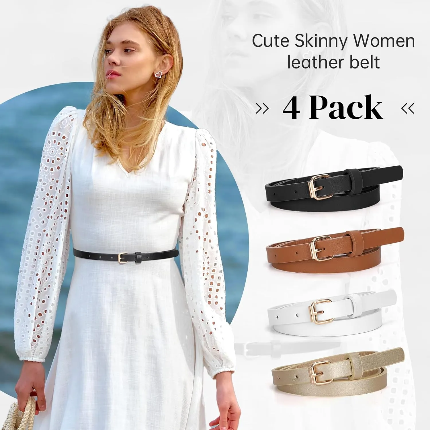 JASGOOD 4 Pack Skinny Women Leather Belt for Dresses Thin Waist Belt for Jeans Pants with Gold Buckle