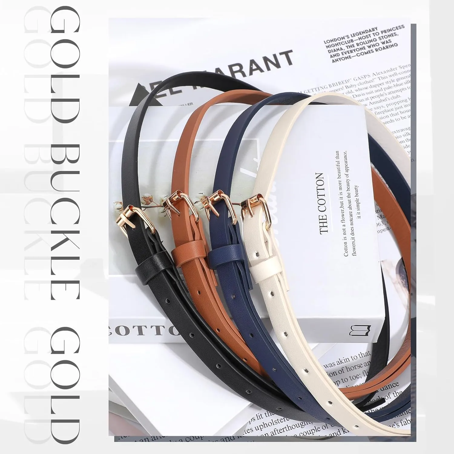 JASGOOD 4 Pack Skinny Women Leather Belt for Dresses Thin Waist Belt for Jeans Pants with Gold Buckle