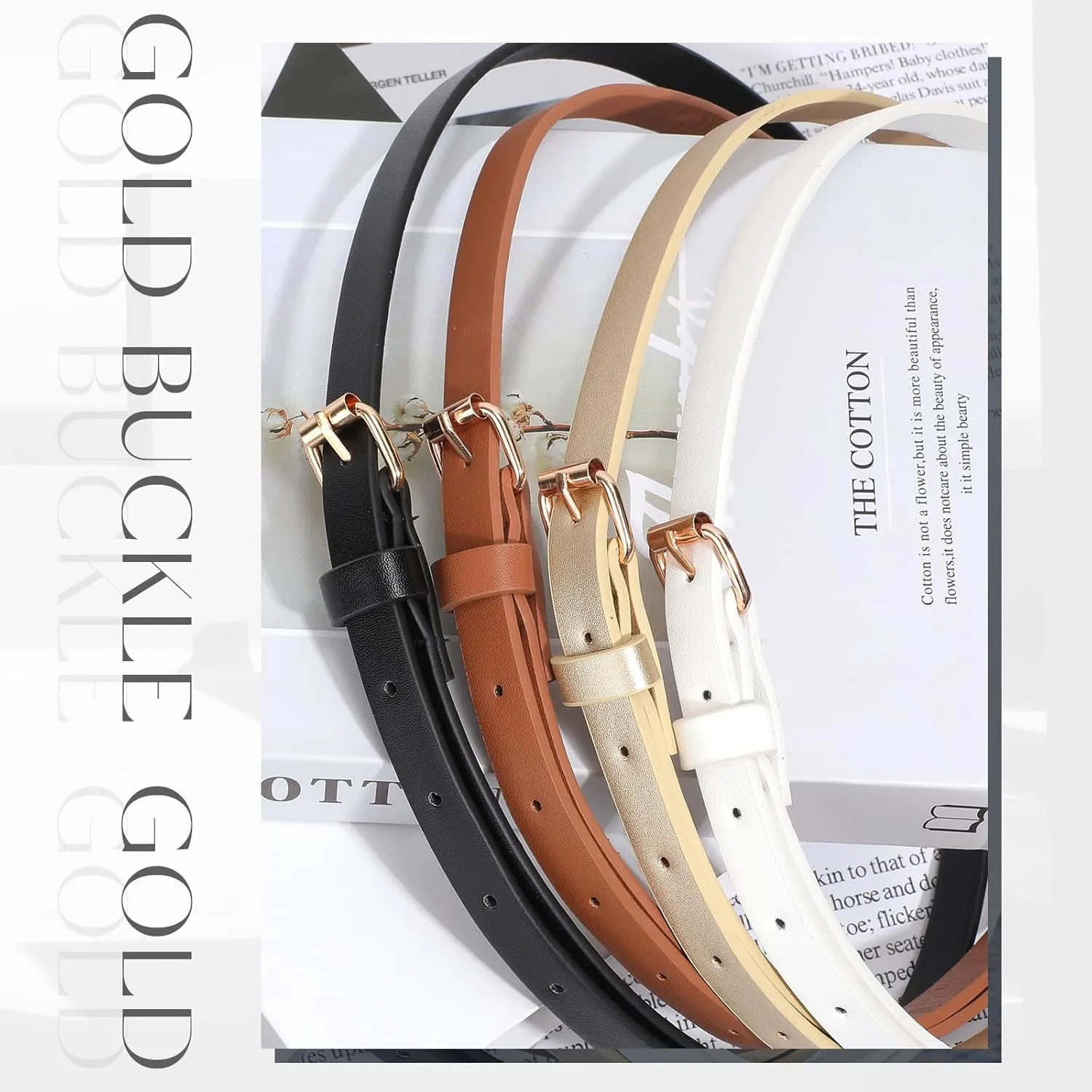 JASGOOD 4 Pack Skinny Women Leather Belt for Dresses Thin Waist Belt for Jeans Pants with Gold Buckle
