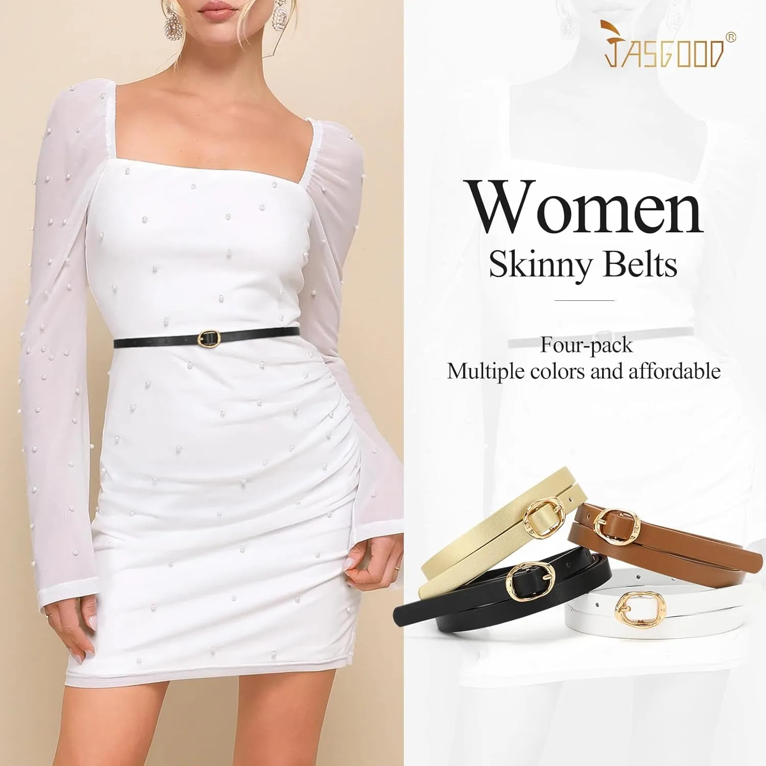 JASGOOD 4 Pack Women Skinny Leather Belts Slim Thin Belt for Dresses Jeans Pants Ladies Small Waist Belt