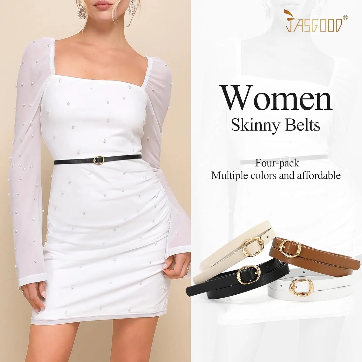 JASGOOD 4 Pack Women Skinny Leather Belts Slim Thin Belt for Dresses Jeans Pants Ladies Small Waist Belt