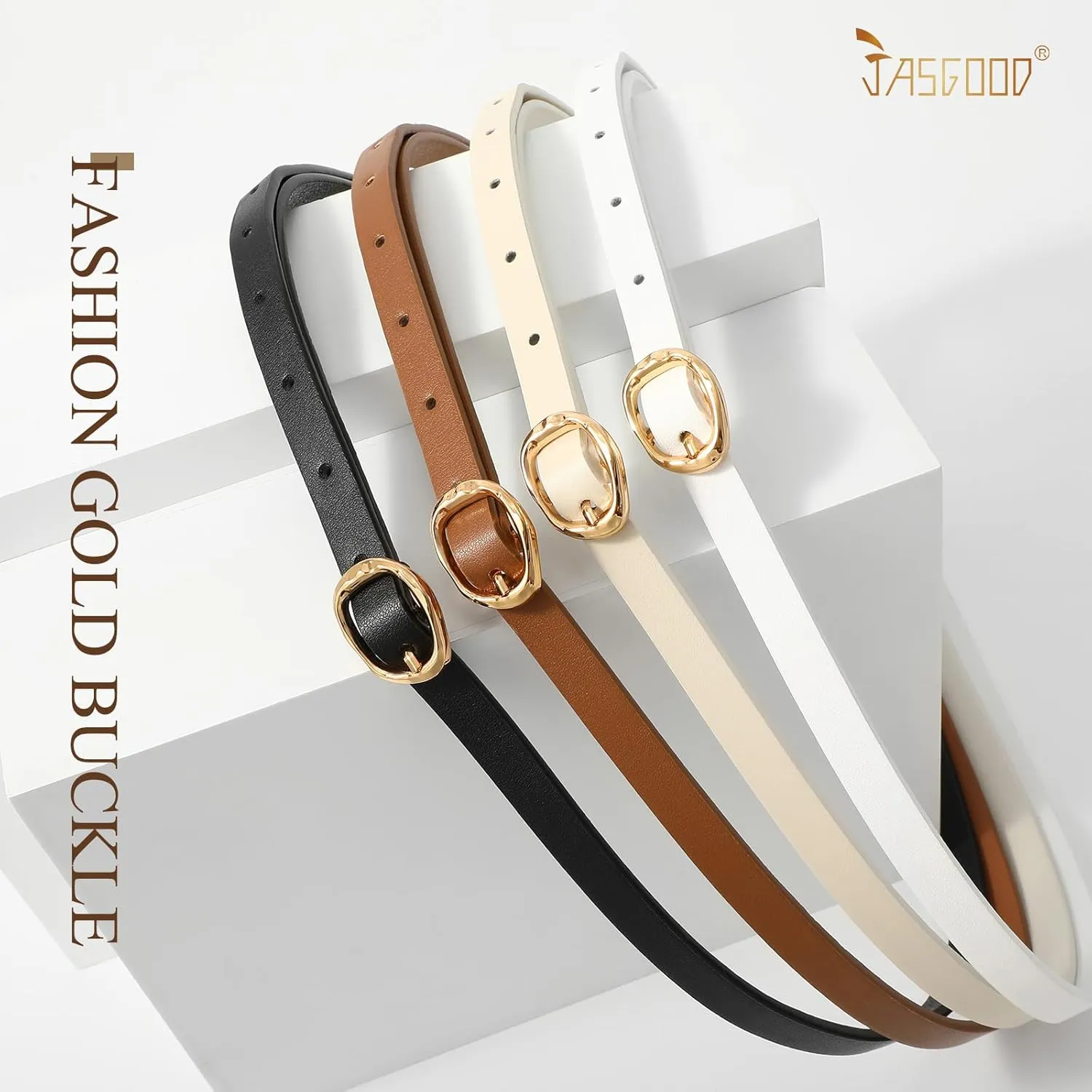 JASGOOD 4 Pack Women Skinny Leather Belts Slim Thin Belt for Dresses Jeans Pants Ladies Small Waist Belt