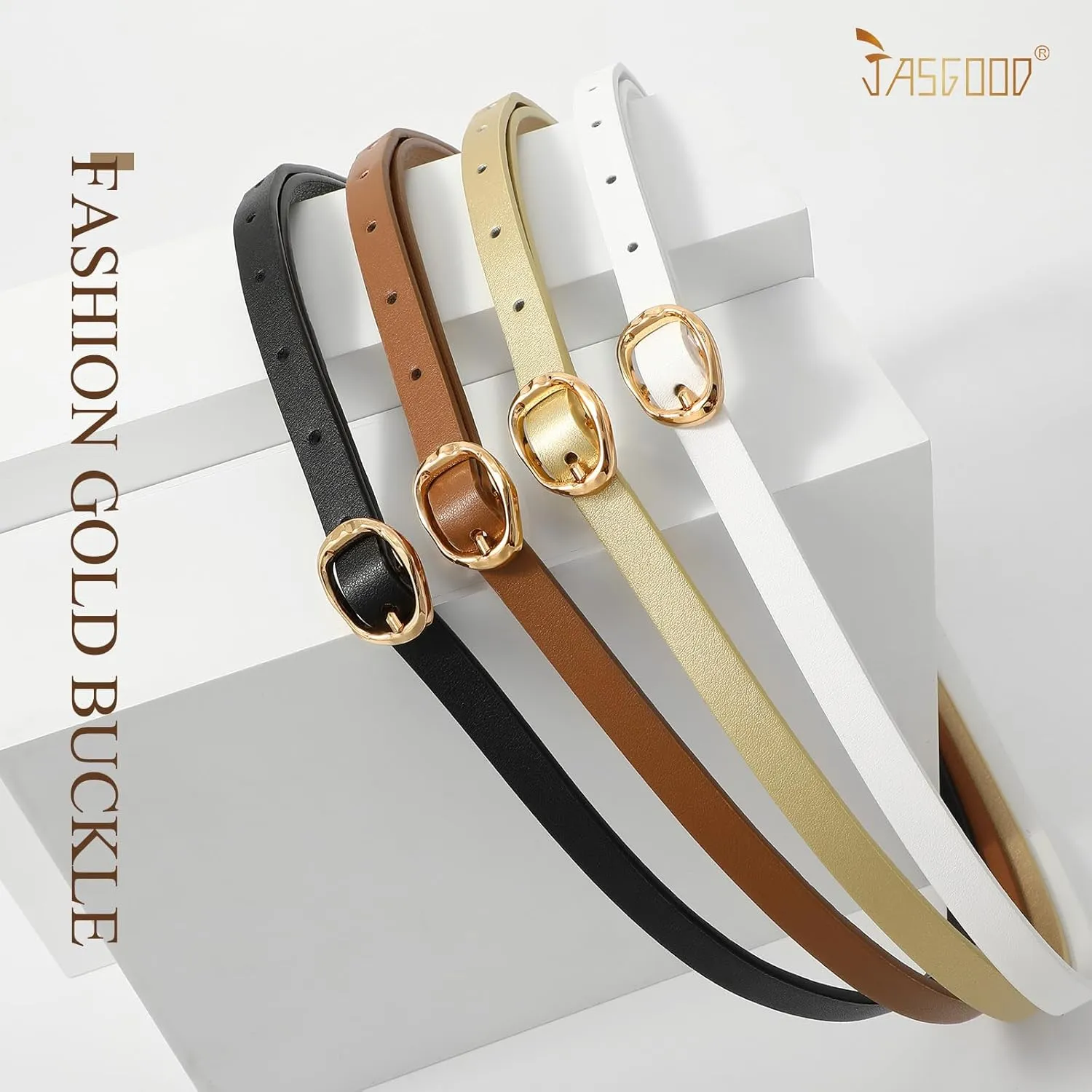 JASGOOD 4 Pack Women Skinny Leather Belts Slim Thin Belt for Dresses Jeans Pants Ladies Small Waist Belt