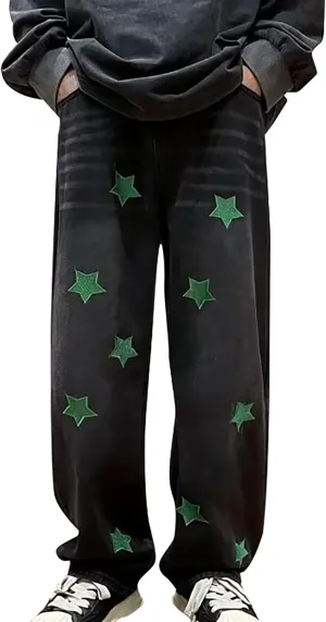 Jeans for Men Straight Fit Classic Graphic Denim Jeans Comfortable Flexible Pants Relaxed Wide Leg Denim Streetwear