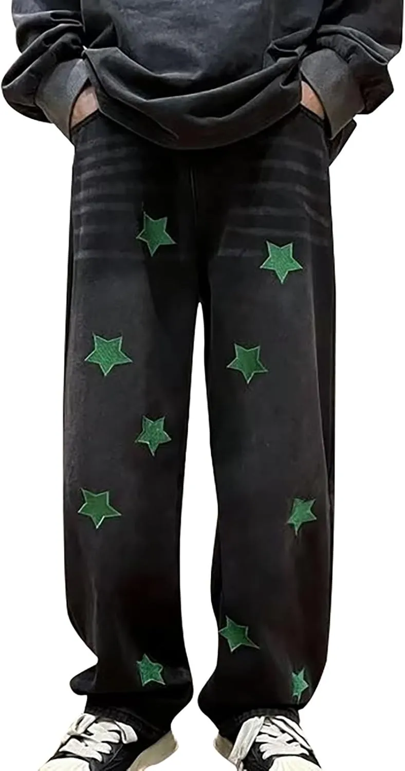 Jeans for Men Straight Fit Classic Graphic Denim Jeans Comfortable Flexible Pants Relaxed Wide Leg Denim Streetwear